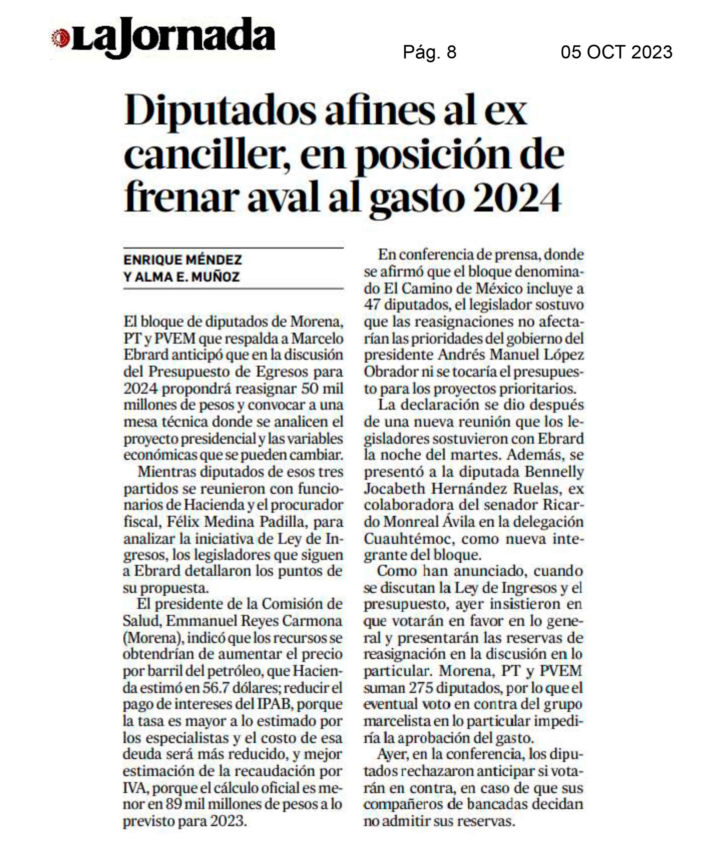 Diputados afines al ex canciller, en posición de frenar aval al gasto 2024