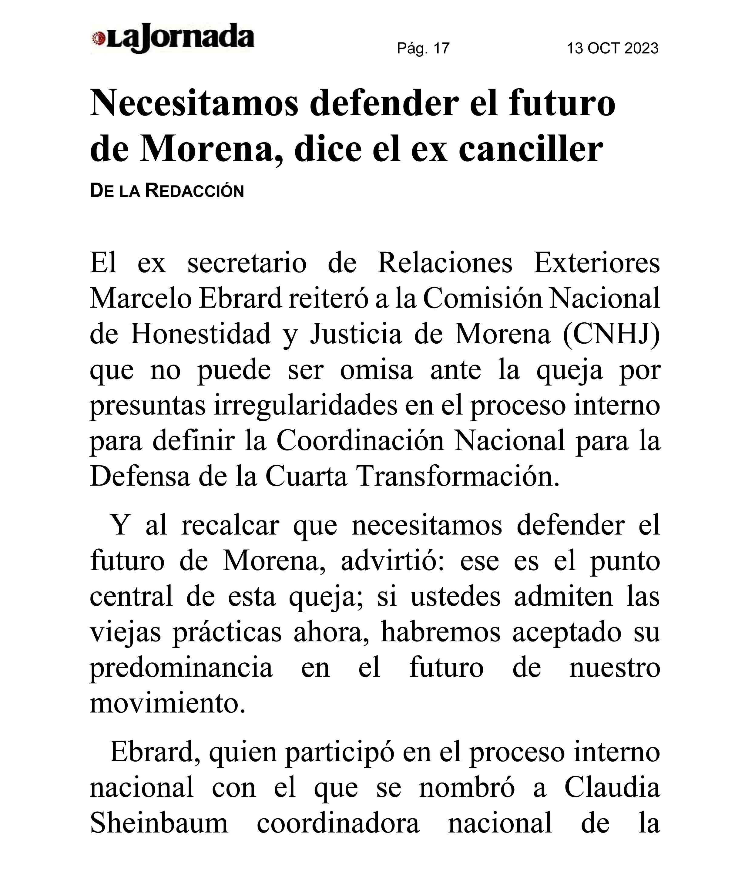 Necesitamos defender el futuro de Morena, dice el ex canciller