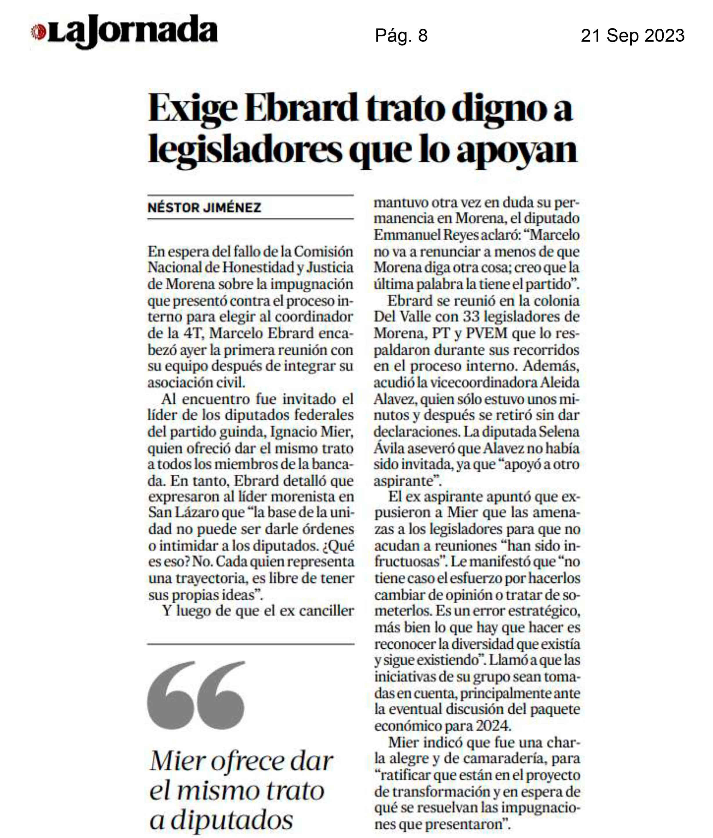 Exige Ebrard trato digno a legisladores que lo apoyan